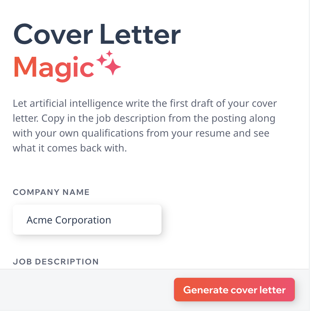 Screenshot of Cover Letter Magic